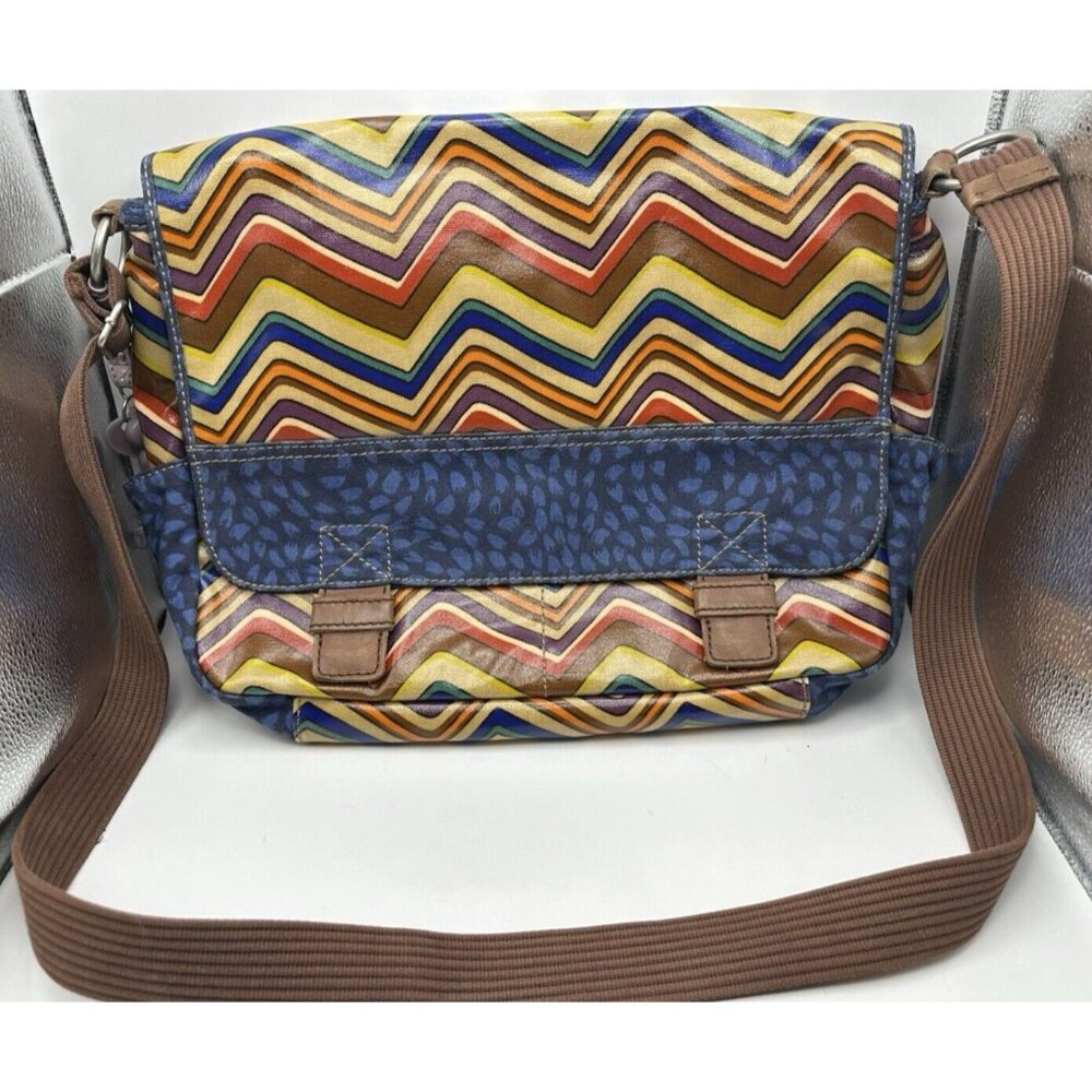 Fossil Key-Per Briefcase Coated Canvas Multi Color Chevron Pattern Messenger Bag